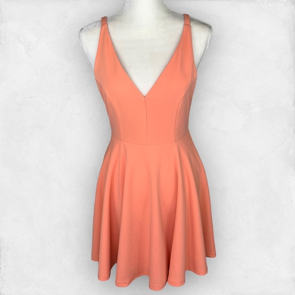 Lulu's Dresses Lulus Peach Fit Flare Mini Dress M Deep Vneck In